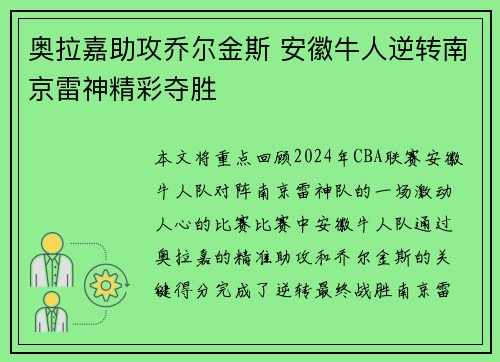 奥拉嘉助攻乔尔金斯 安徽牛人逆转南京雷神精彩夺胜