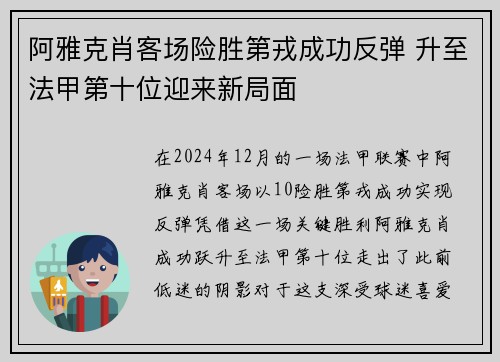 阿雅克肖客场险胜第戎成功反弹 升至法甲第十位迎来新局面