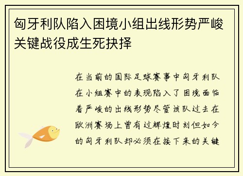匈牙利队陷入困境小组出线形势严峻关键战役成生死抉择