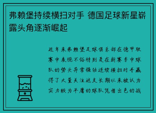 弗赖堡持续横扫对手 德国足球新星崭露头角逐渐崛起