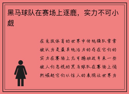 黑马球队在赛场上逐鹿，实力不可小觑