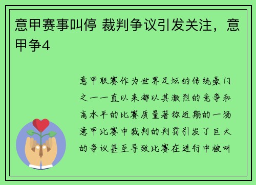 意甲赛事叫停 裁判争议引发关注，意甲争4