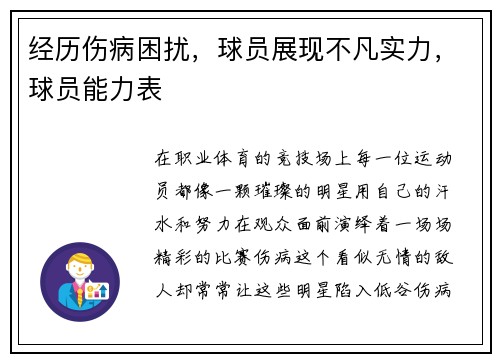 经历伤病困扰，球员展现不凡实力，球员能力表