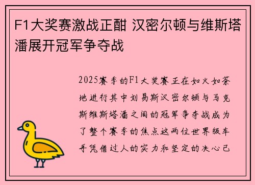 F1大奖赛激战正酣 汉密尔顿与维斯塔潘展开冠军争夺战