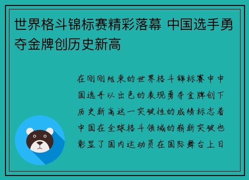 世界格斗锦标赛精彩落幕 中国选手勇夺金牌创历史新高